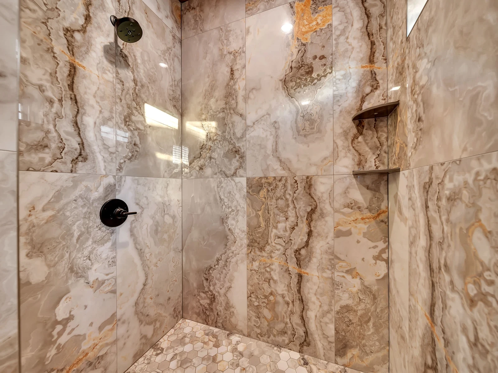 walk-in tile shower at a cabin in Sevierville