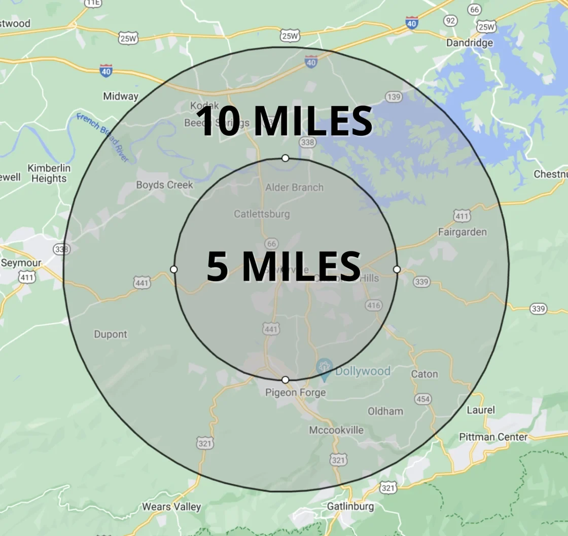 10 miles and 5 miles circled on a map